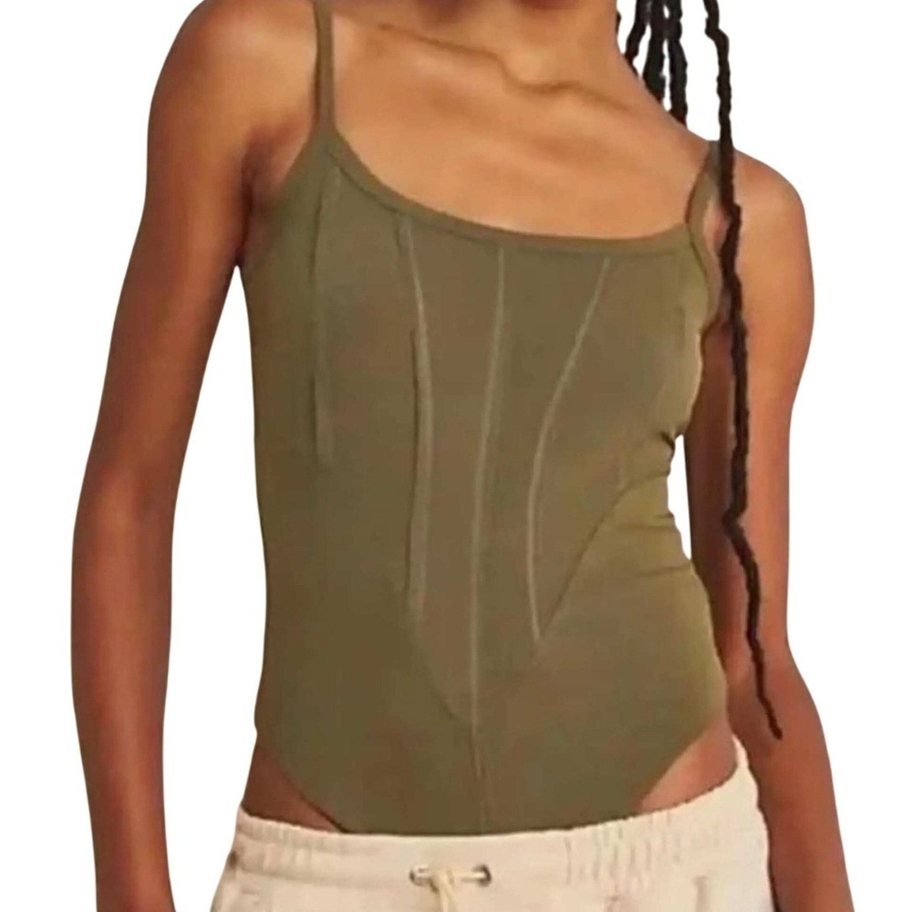 FREE PEOPLE INTIMATELY Ribbed Corset Army Green Sleeveless Bodysuit‎ NWOT Small